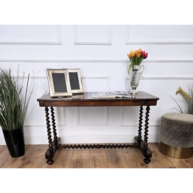 Beautiful antique Italian solid walnut side coffee table console with veneer wood inlay decor and framed top over four...
