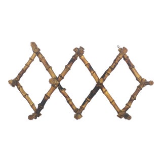Early 20th Century Burnt Bamboo Accordion Wall Rack Hooks French Coat Hook Victorian For Sale