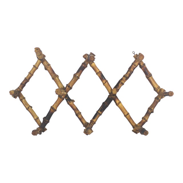 Early 20th Century Burnt Bamboo Accordion Wall Rack Hooks French Coat Hook Victorian For Sale