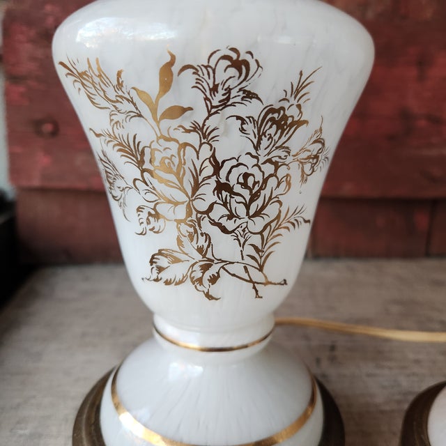 Vintage French Pair of Handcrafted White & Gold Floral Design Table Lamps 13" Tall For Sale - Image 9 of 18
