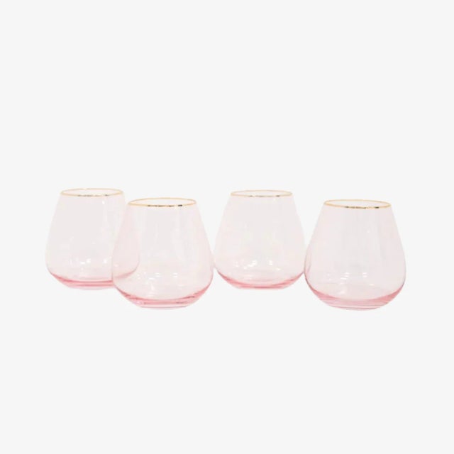 Set of 4 short stemless goblets in Rosewater with gold rim. 16 oz, bulbous mouth. A soft, rosy hue that brings warmth and...