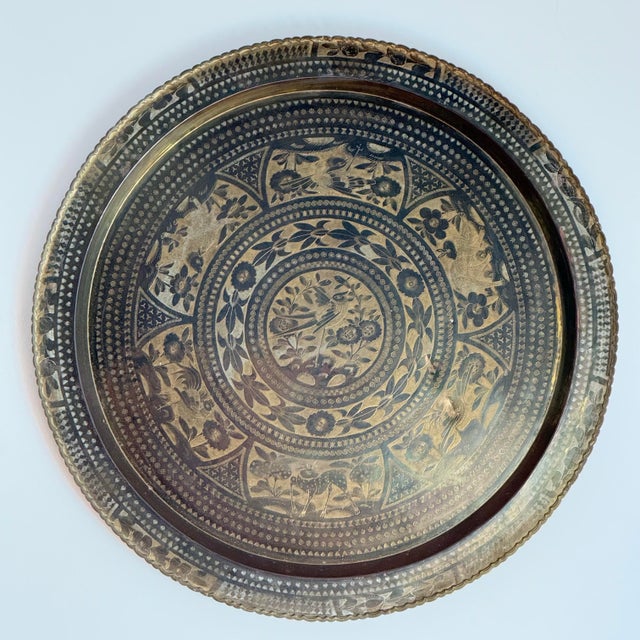 Mid-Century Oversized Hand-Engraved Brass Tray With Birds & Animal Motifs For Sale In Richmond - Image 6 of 9