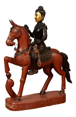 Vintage Burmese Polychrome Carved Wooden Statue of a Warrior on his Horse