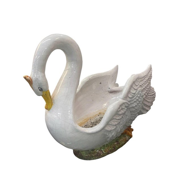 Italian Vintage Mid-Century Italian Majolica Glazed Ceramic Swan Planter For Sale - Image 3 of 12