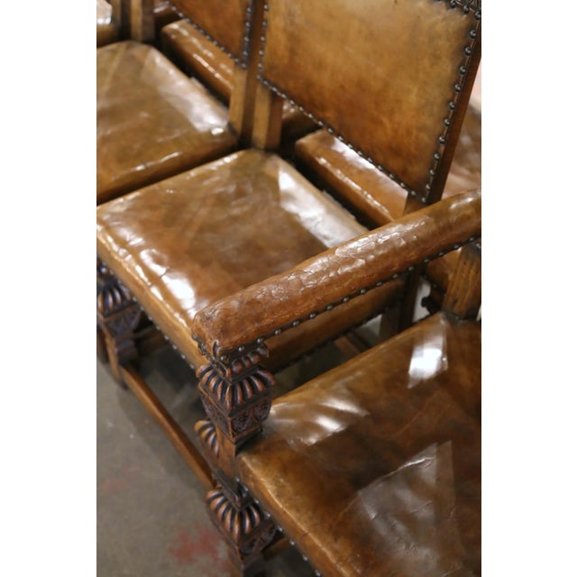 Wood 19th Century English Jacobean Oak Dining Chairs With Leather, Set of 8 For Sale - Image 7 of 12