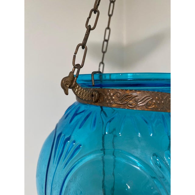 19th Century 19th Century English Blue Glass Bell Jar Hanging Lantern For Sale - Image 5 of 7