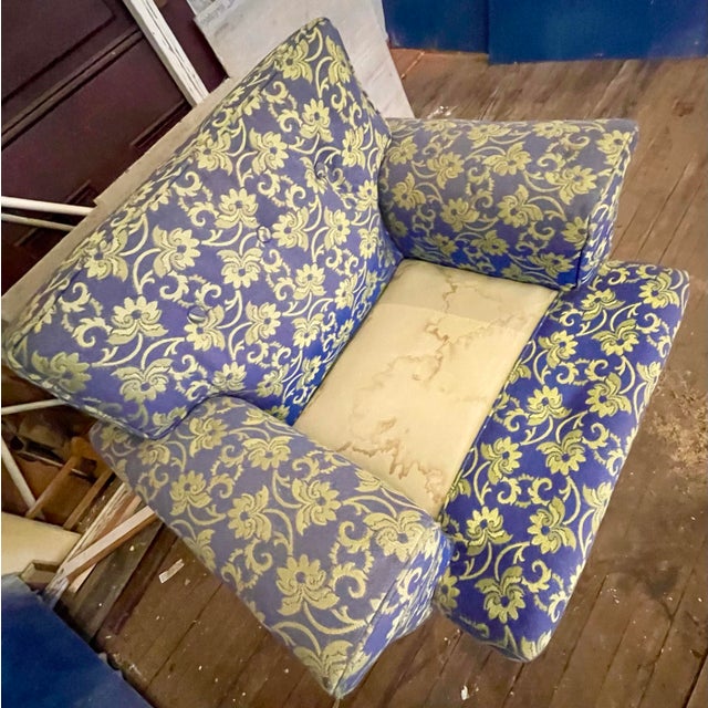 Mid 20th Century Blue Shiny & Matt Lime Green Floral Upholstery Club Lounge Chair For Sale - Image 6 of 12