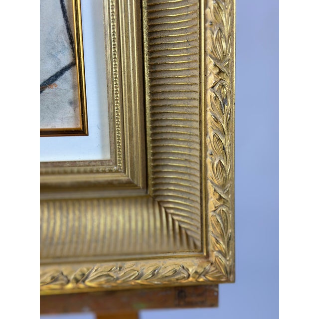 Lucia Lopez figurative drawing in a cubist manner, charcoal and pastel on paper presented in a vintage deep carved gilded...