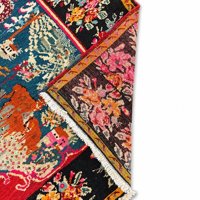 Folk Art Vintage Karabagh Pictorial Rug 5x8 – Folk Art Rug With Girl & Deer – Handwoven Wool Tapestry Rug For Sale - Image 3 of 3