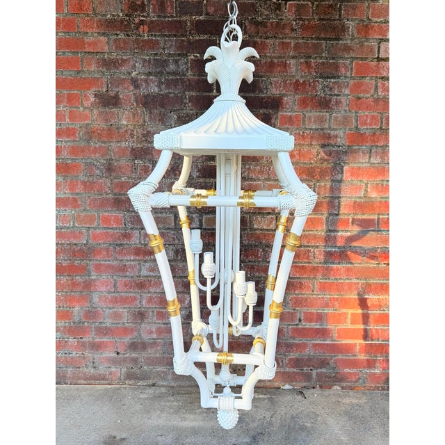 Hollywood Regency Vintage Palm Beach Regency Parcel Gilt White Pagoda Chandelier Dorothy Draper Style - Newly Painted For Sale - Image 3 of 12