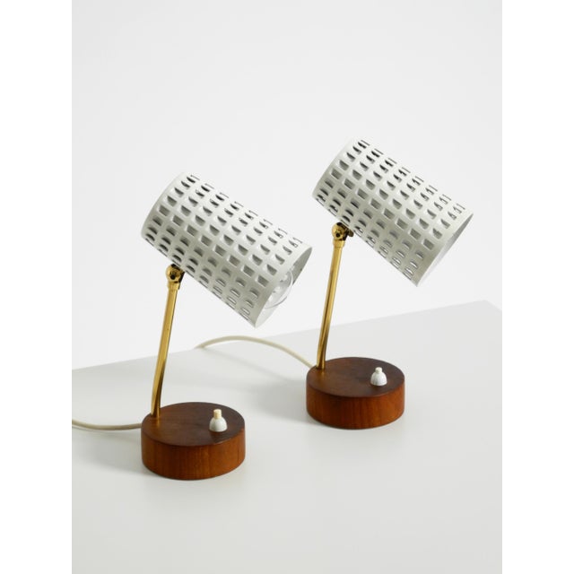 Mid-Century Modern Bedside Lamps with Perforated Metal Shades and Teak Bases, 1950s, Set of 2 For Sale - Image 9 of 18