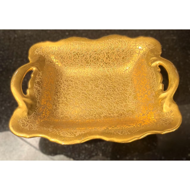 Pickard China Vintage Pickard Etched Gold Rose Chintz Handled Tray - Hollywood Regency For Sale - Image 4 of 12