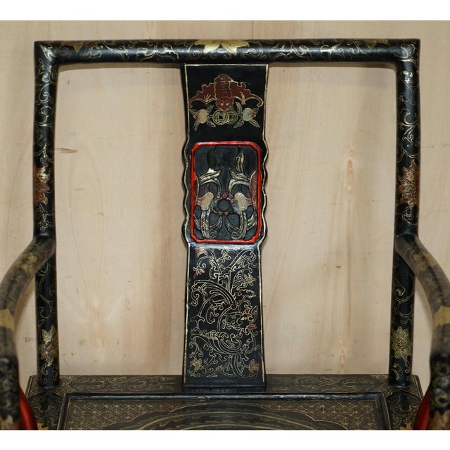 Set of Chinese Ming Style Lacquered & Painted Armchairs, 1900s For Sale - Image 4 of 18