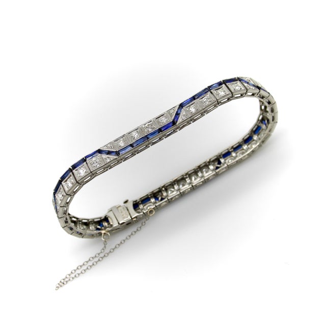1920s Art Deco Diamond and Sapphire Line Bracelet With Zig-Zag Pattern For Sale - Image 5 of 10