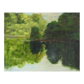 Vintage Late 20th Century Lakeside Forest Reflections Landscape Painting For Sale
