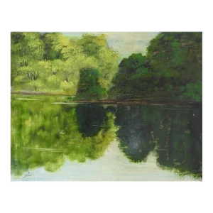 Vintage Late 20th Century Lakeside Forest Reflections Landscape Painting