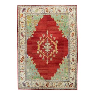 1960s Green & Red Wool Oushak Rug For Sale