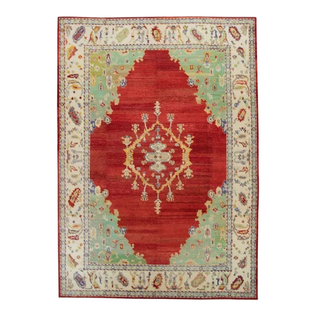 1960s Green & Red Wool Oushak Rug For Sale