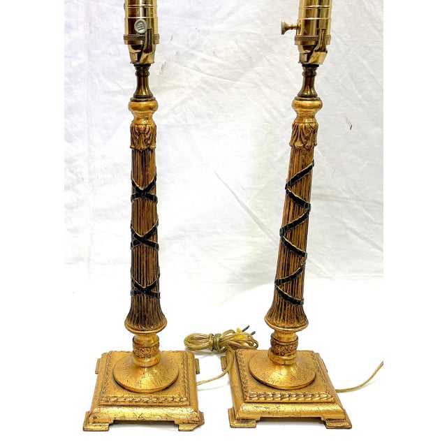 Vintage Hollywood Regency Style Gold Leaf Column Candlestick Lamps- A Pair For Sale In West Palm - Image 6 of 18