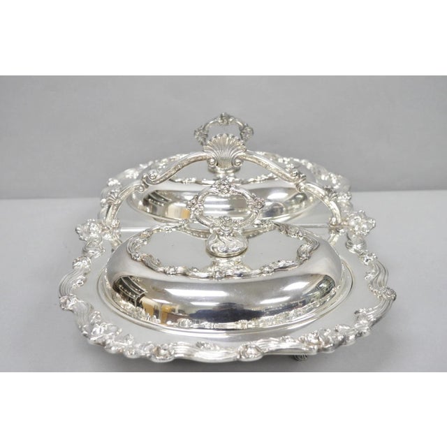 Metal Vintage Sheffield Silver Plated Victorian Double Buffet Serving Dish Platter For Sale - Image 7 of 18