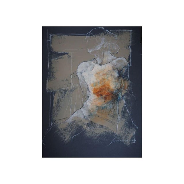 This artwork presents a hauntingly abstract portrayal of the female nude, set against a muted, dark background. The bold...