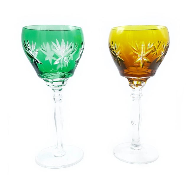 Vintage pair of tall brightly multi-colored bohemian crystal cocktail / wine goblets. Both of the hand crafted crystal...