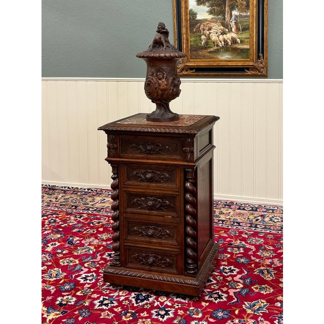 Brown Antique French Marble Top Chest Side or End Table Nightstand Barley Twist Oak For Sale - Image 8 of 18