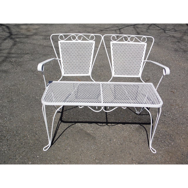 Vintage Mid Century Modern Wrought Iron Mesh 2 Piece Patio Settee Bench