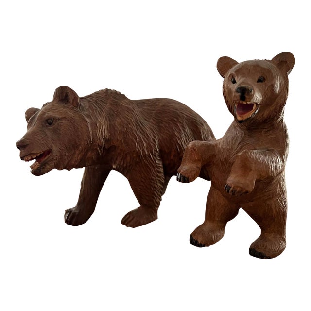 Early 20th Century Black Forest Style Hand Carved and Polychrome Painted Brown Bear Figures - Set of For Sale