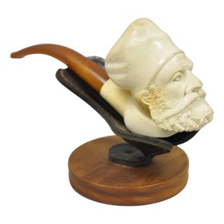Vintage Turkish Meerschaum Figural Hand Carved Bearded Man Pipe on Walnut Stand For Sale