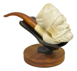 Vintage Turkish Meerschaum Figural Hand Carved Bearded Man Pipe on Walnut Stand