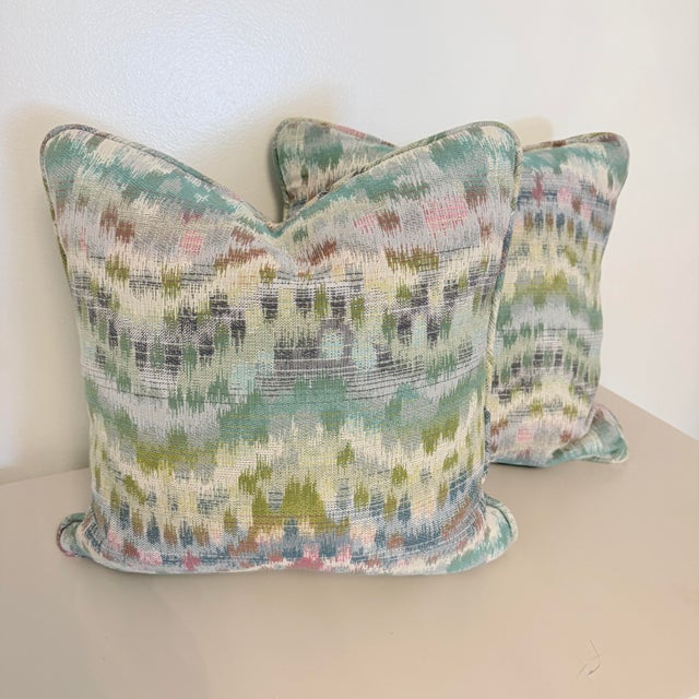 Decorative Throw Pillows in Robert Allen Watercolor Ikat Jacquard Fabric, a Pair For Sale - Image 9 of 9