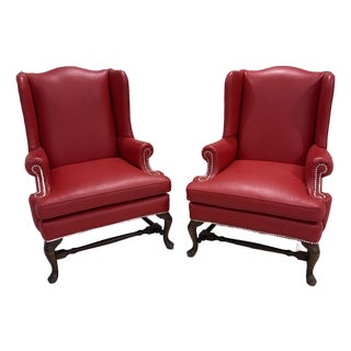 Vintage Pair of Red Leather Wingback Chairs For Sale