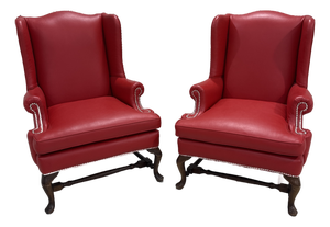 Vintage Pair of Red Leather Wingback Chairs