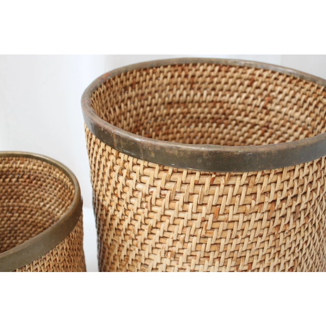 Mid-Century Modern Vintage Rattan Nesting Baskets With Brass Rims For Sale - Image 3 of 5