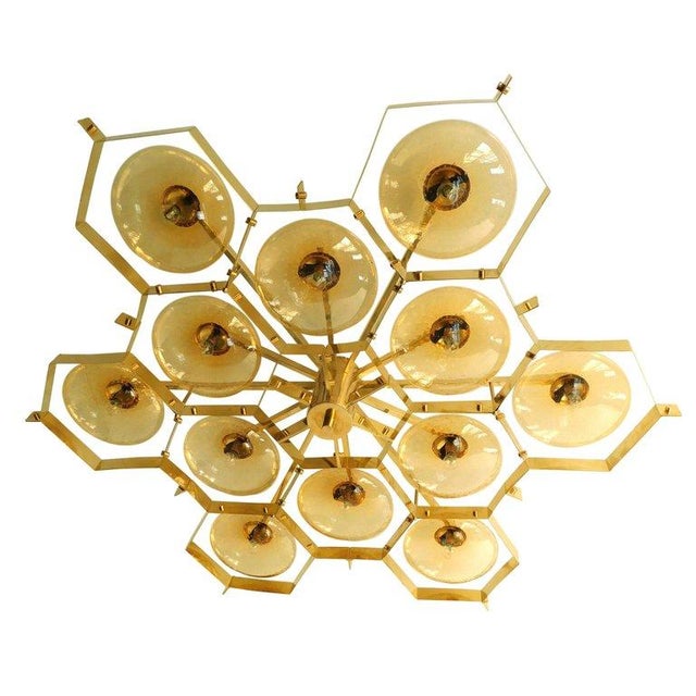Fabio Ltd 21st Century Beehive Polished Brass Amber Bubbles Murano Flush Mount by Fabio LTD For Sale - Image 4 of 7