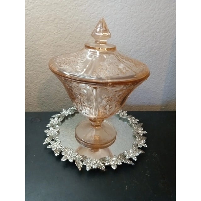 Exquisite Federal Pink Depression Glass 1930 Cabbage Rose Pedestal Compote For Sale - Image 4 of 5