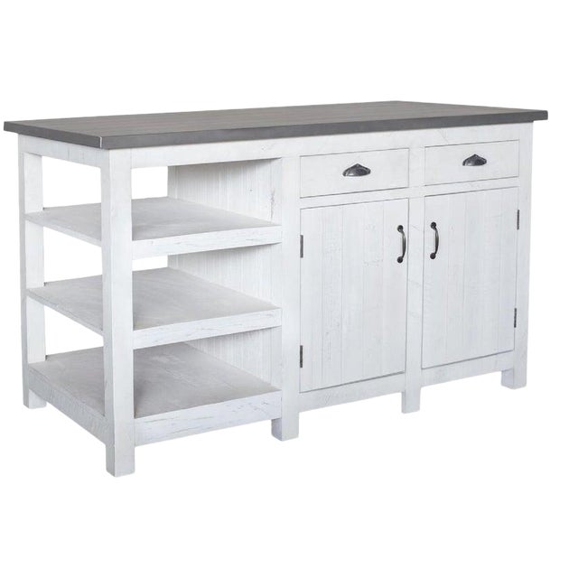 Crafters and Weavers Barlow Display Kitchen Island - Distressed White For Sale