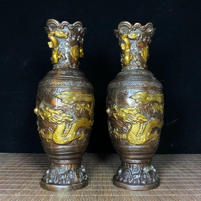Pair of Vintage Gilt Bronze Dragon Vases – "Dragon Rising From the Sea" Motif For Sale In Los Angeles - Image 6 of 9