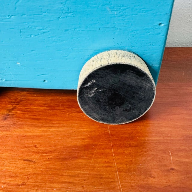 Folk Art Vintage Blue Primative Wood Milk Truck Pull Toy For Sale - Image 3 of 12