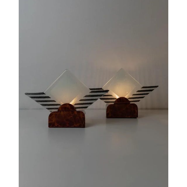 Vintage Sculptural Murano Glass Table Lamps with Brown Metal Holders, Italy, 1980s, Set of 2 For Sale - Image 11 of 11