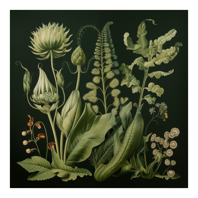 20' X 20' Original Watercolor Botanical Fine Art Print - Dark Green, Unframed For Sale