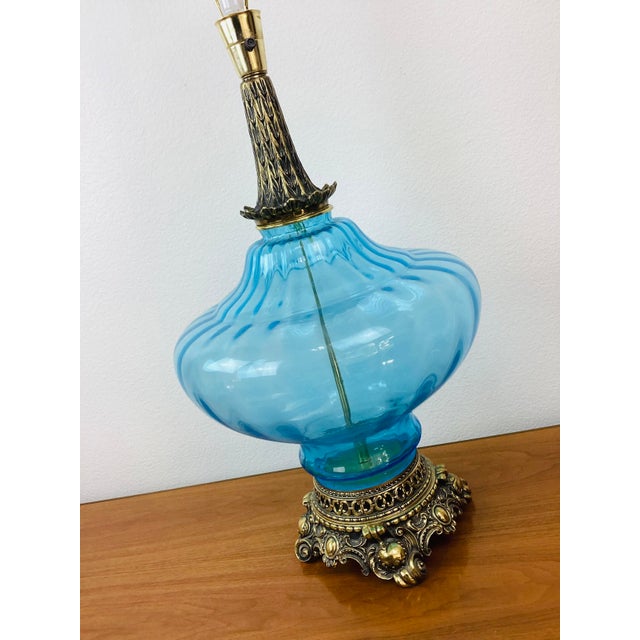 Vintage 1970s Tall Aqua Blue Glass & Brass Hollywood Regency Lamp & Shade For Sale In Palm Springs - Image 6 of 9