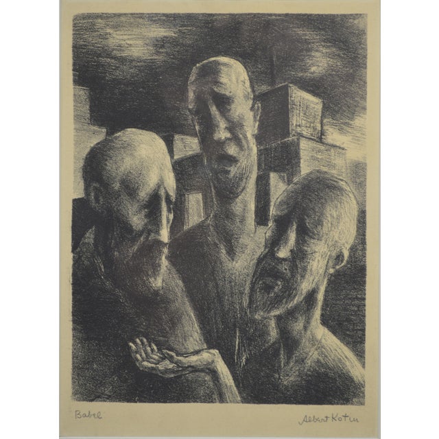 A very good original lithograph by Albert Kotin (America/Russia 1907-1980). This work is titled, "Babel" and shows a WPA...