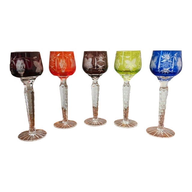 Vintage Bohemian Czech Cut to Clear Crystal Cordial Glasses Harlequin Set of 5 For Sale