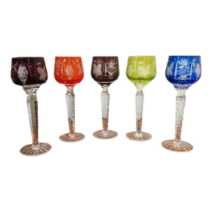 Vintage Bohemian Czech Cut to Clear Crystal Cordial Glasses Harlequin Set of 5