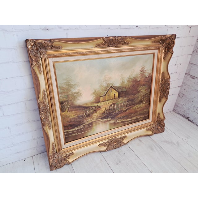 Vintage Woodland Lake Oil Painting on Canvas, Gold Frame, Signed, 1980s, Large For Sale - Image 8 of 18