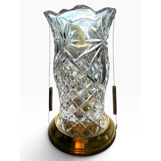 Hollywood Regency Vintage Cut Glass Hurricane Candle Holder With Faceted Diamond & Floral Design For Sale - Image 3 of 5