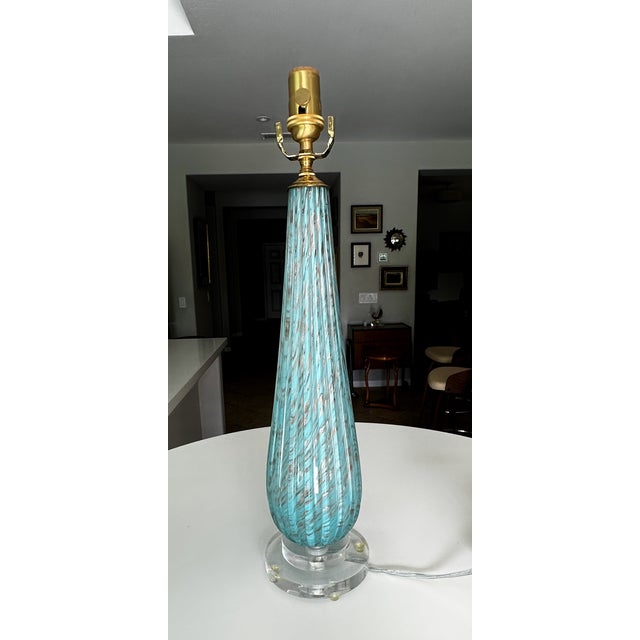 Mid-Century Modern Barbini Murano Blue Copper Ribbed Glass Table Lamp For Sale - Image 3 of 18