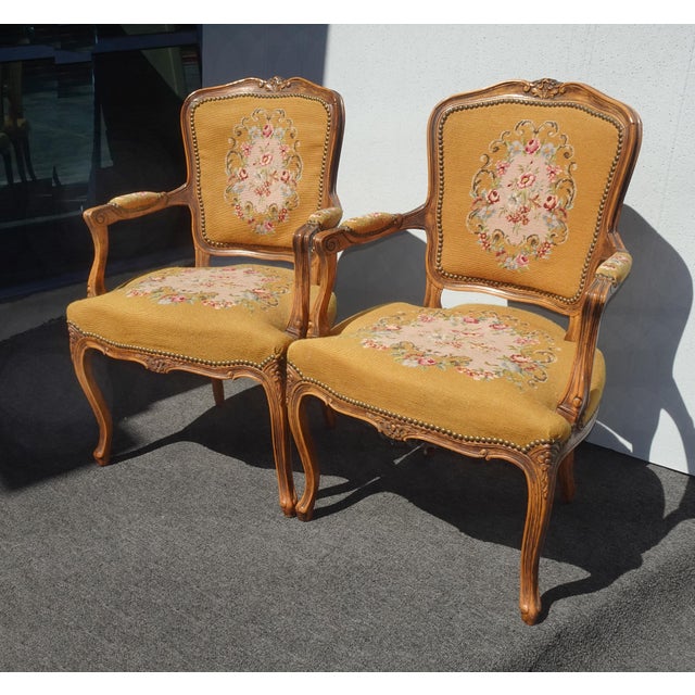 French Provincial Pair of Vintage French Provincial Louis XVI Gold Tapestry Needlepoint Arm Chairs For Sale - Image 3 of 12